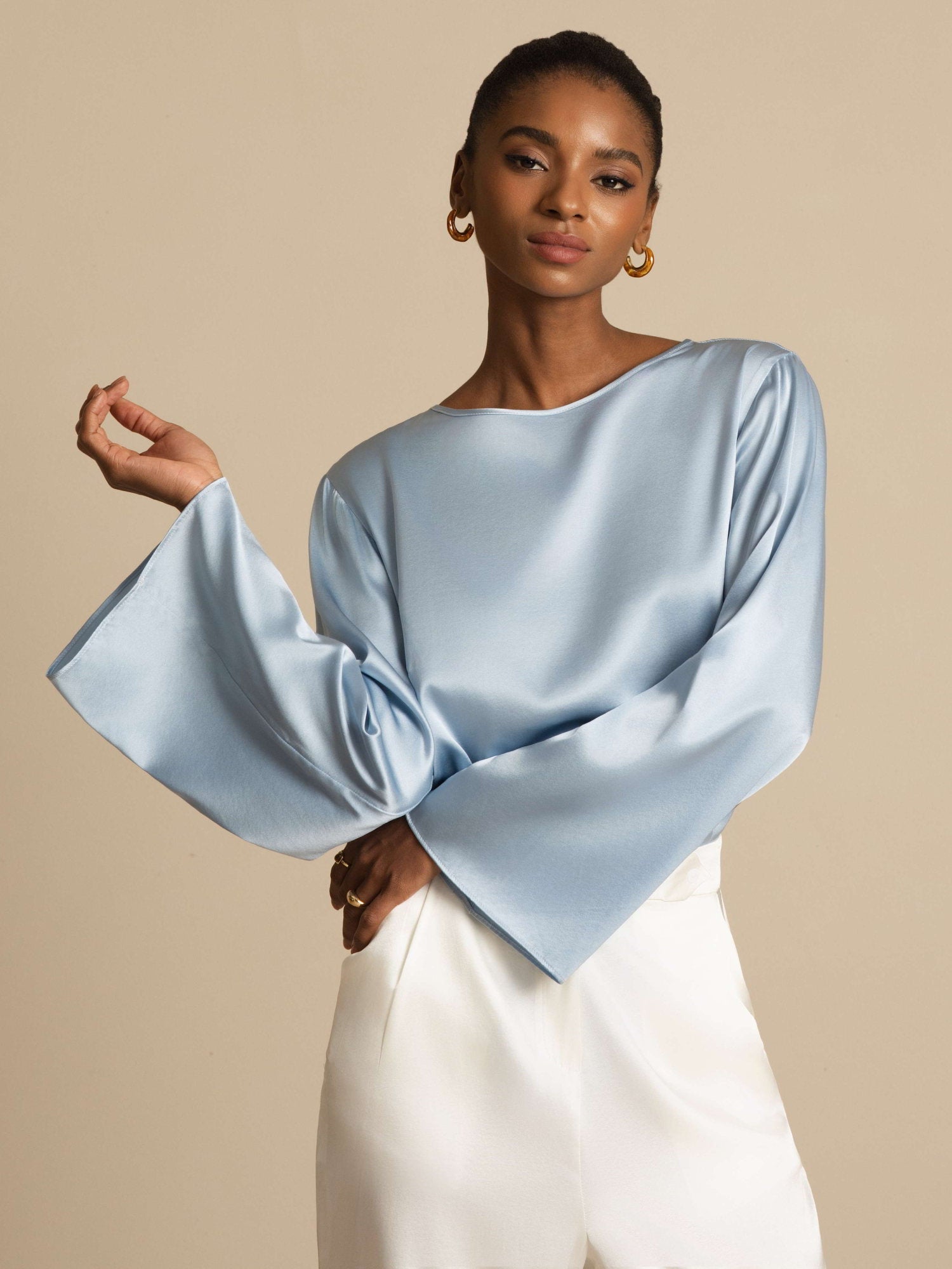 [Azul Grisáceo] SilkSilky-ES 19Momme Seda Manga larga Blouse 007