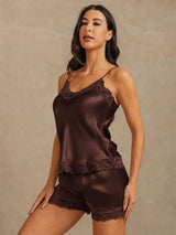 [Marrón] SilkSilky-ES Spaghetti Strap V Neck Conjunto de tirantes 001
