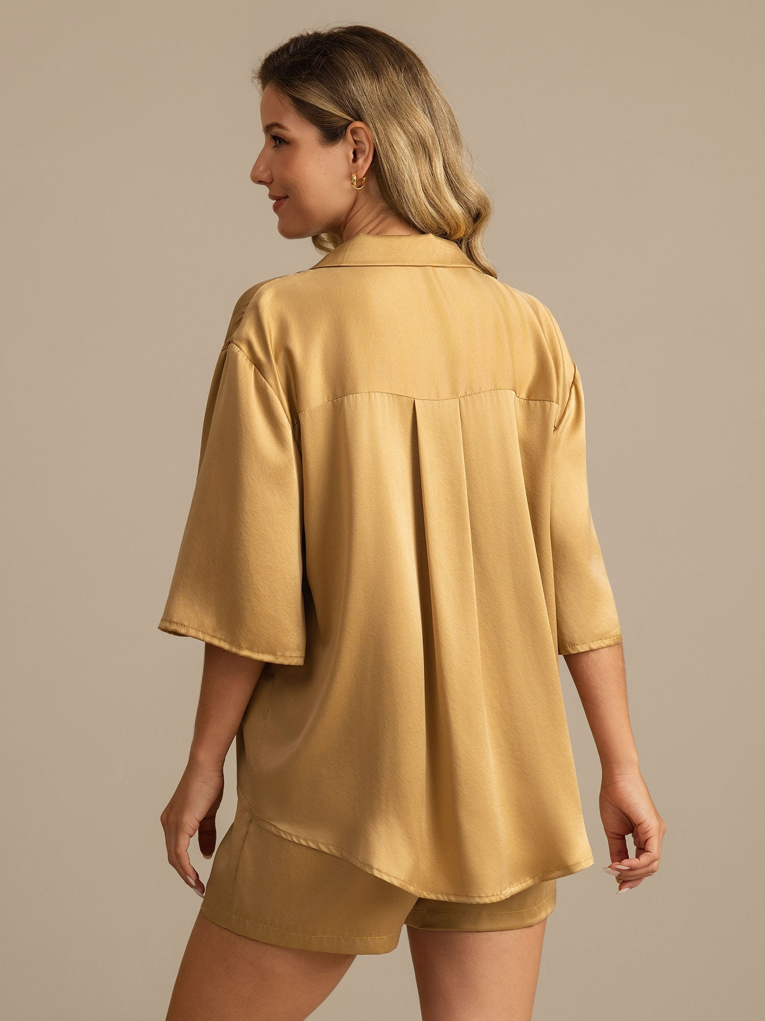 [Marrón Claro] SilkSilky-ES 19Momme Seda Pura Cuello Camisero Pijamas de mujer 002,