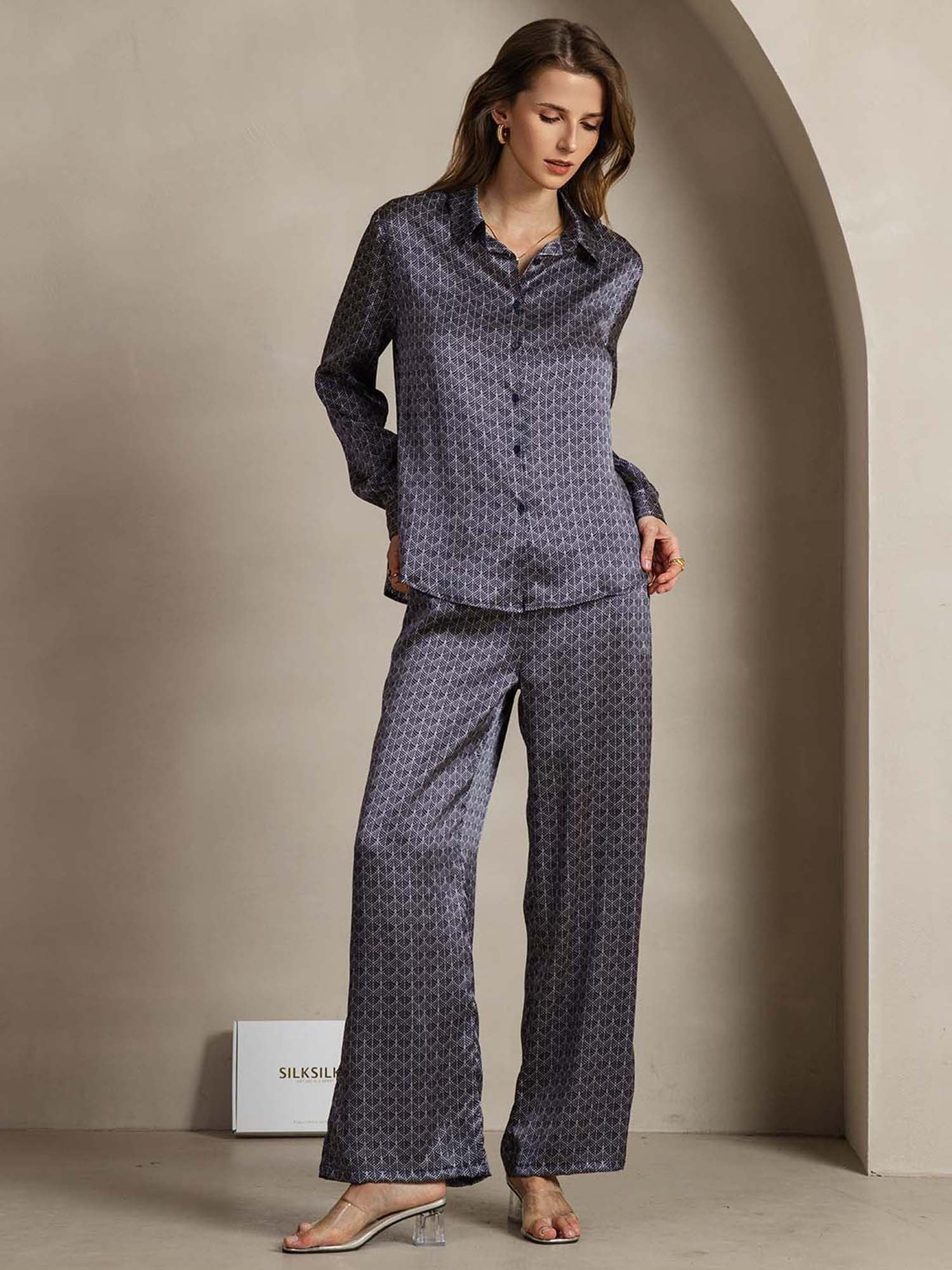 [GinkgoAzulMarino] SilkSilky-ES 19Momme Seda Lapel Collar Women''s Outfit Sets 003