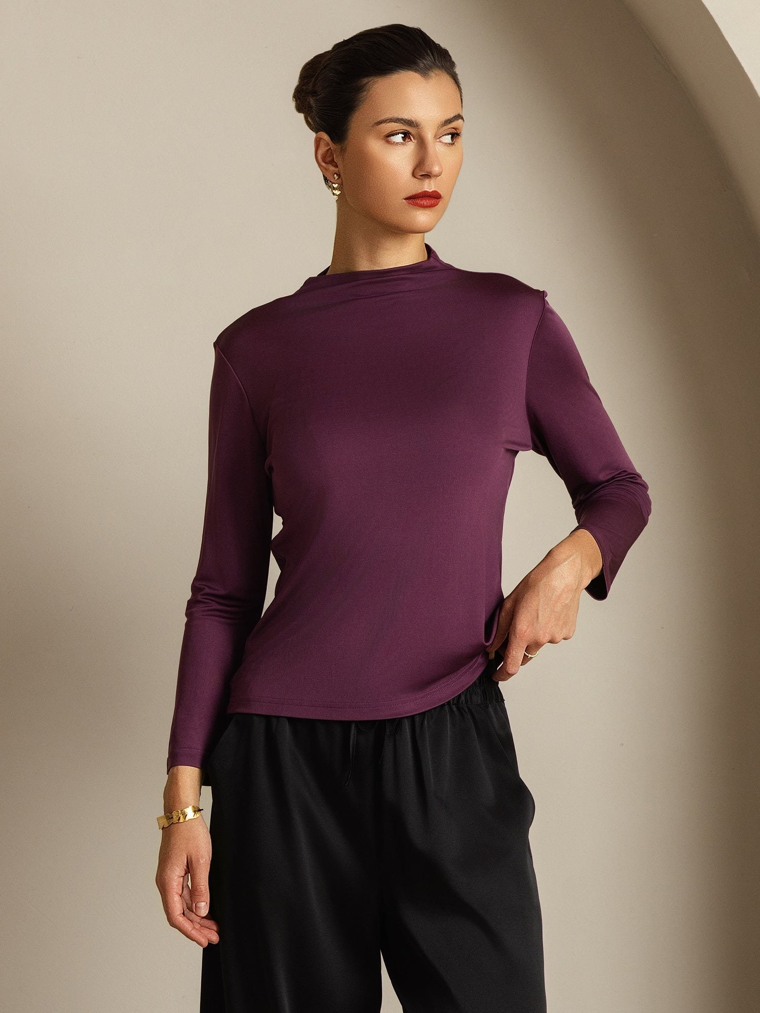 [Púrpura] SilkSilky-ES Seda Pura Womens T-Shirt 009