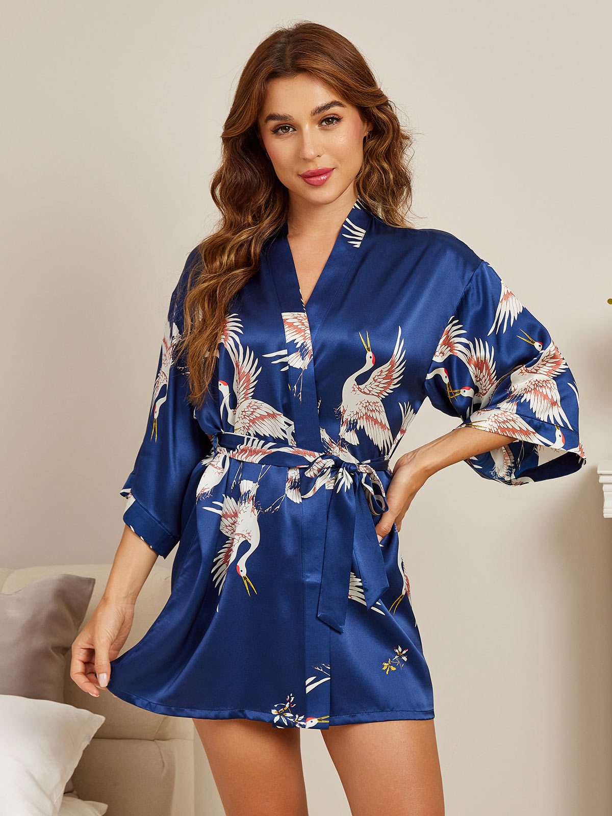 [Azul Oscuro] SilkSilky-ES 19Momme Seda Pura Manga francesa Cuello en V profundo Bata de mujer 003