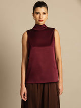 [Rojo Oscuro] SilkSilky-ES 19Momme Sin mangas Cuello Lazo Blusa 003