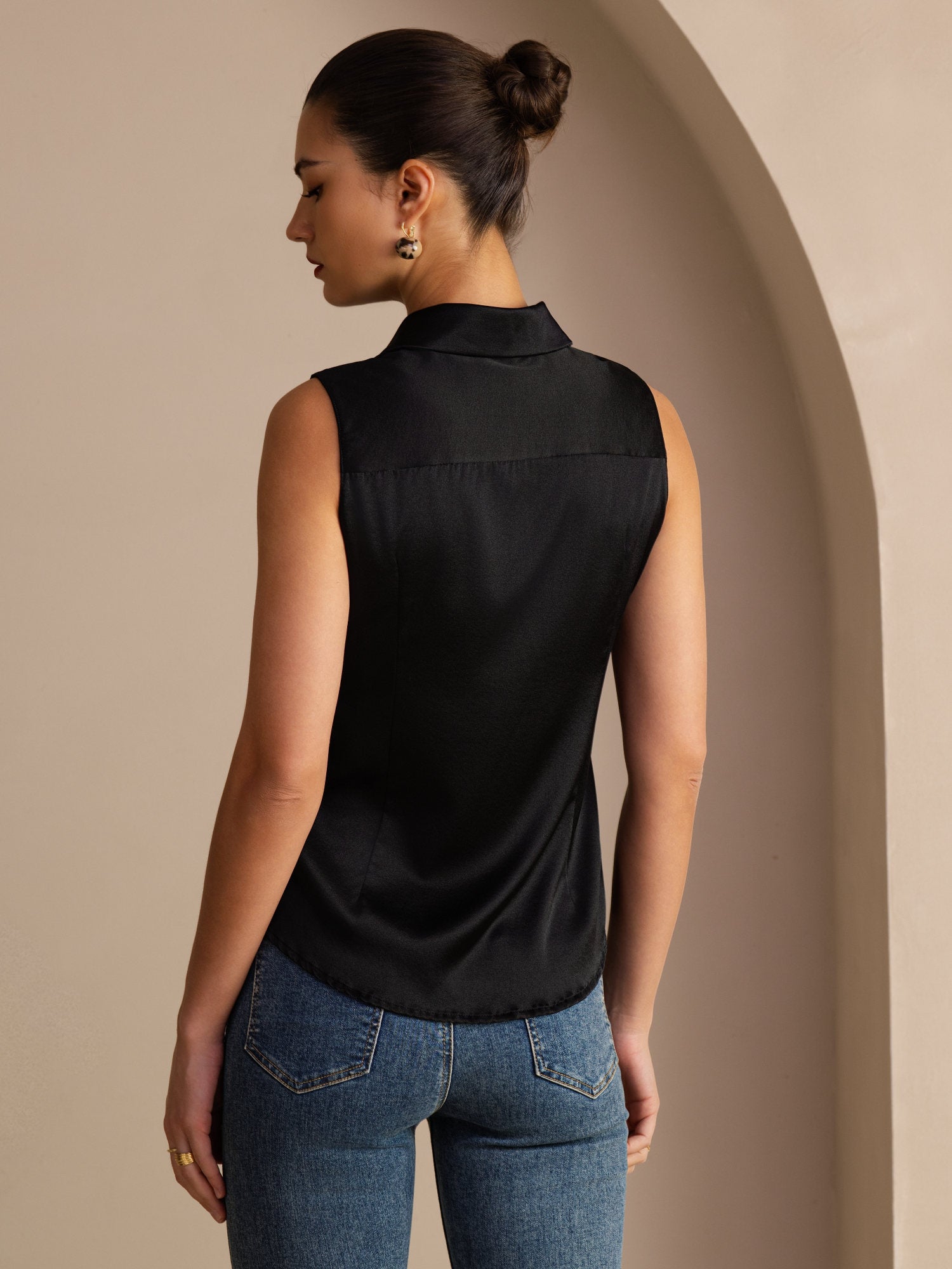 [Negro] SilkSilky-ES Sleeveless Lapel Collar Blusas de Mujer 002