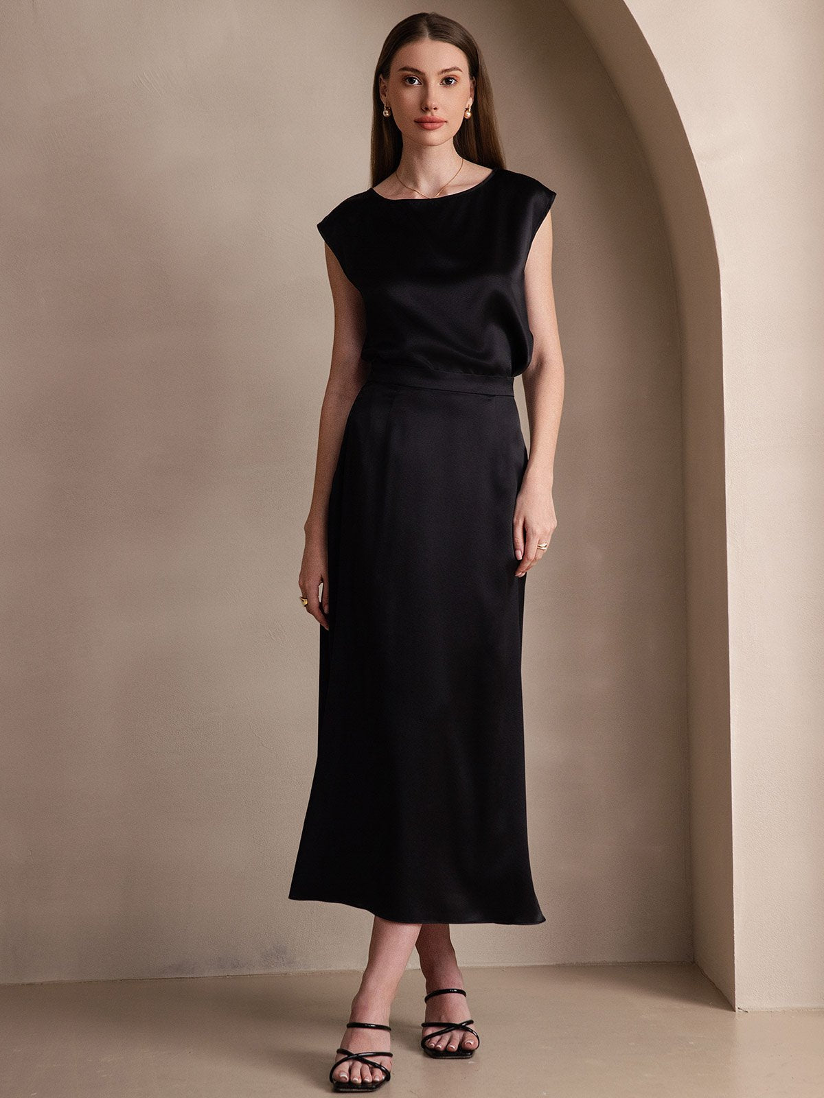 [Negro] SilkSilky-ES 19Momme Seda Skirt 005