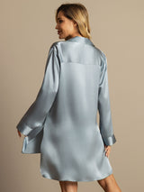 [Azul Grisáceo] SilkSilky-ES Long Sleeve Lapel Collar Camisas de dormir 003
