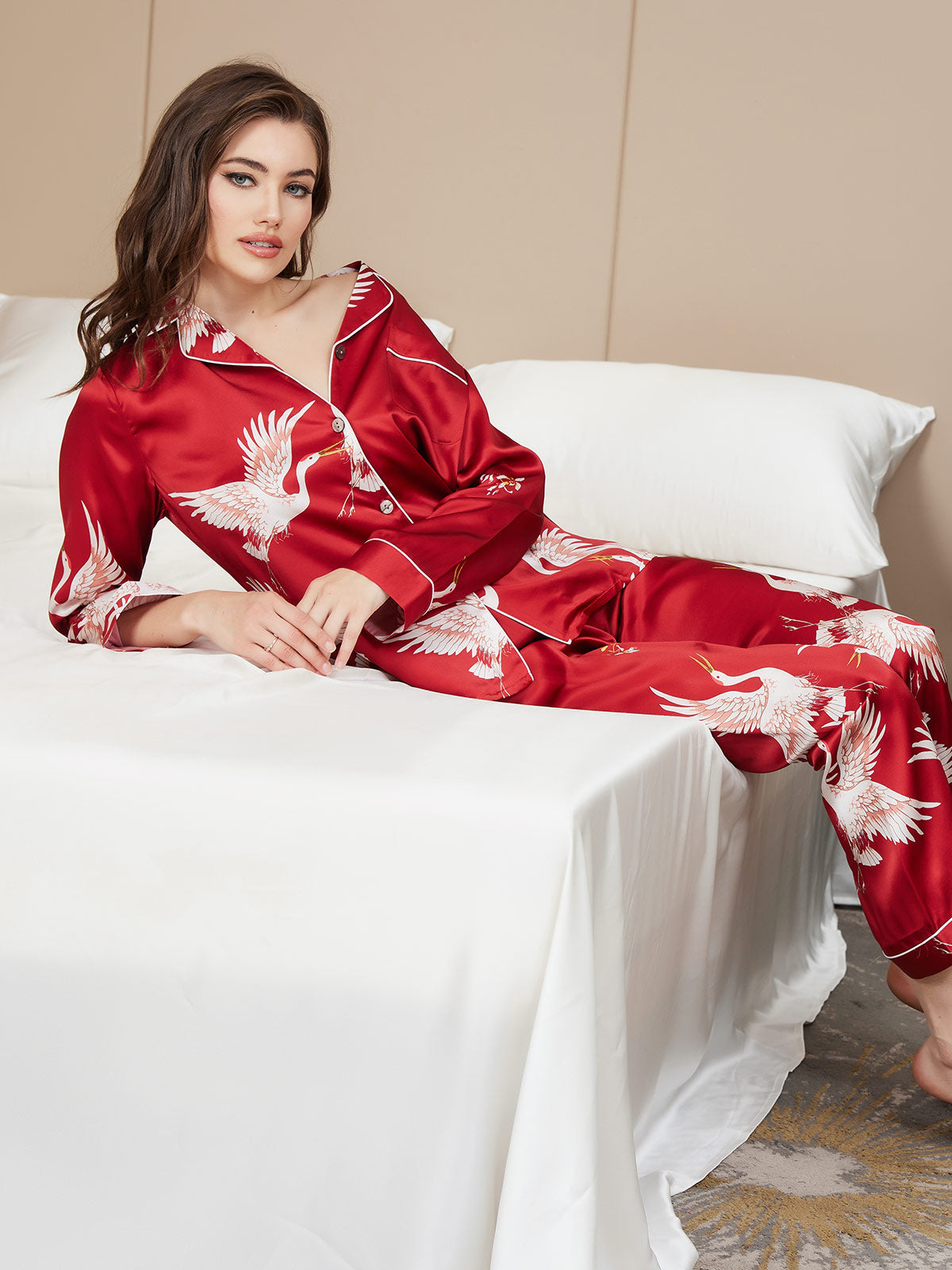 [Rojo Oscuro] SilkSilky-ES 19Momme Seda Pura Womens Pajamas 008