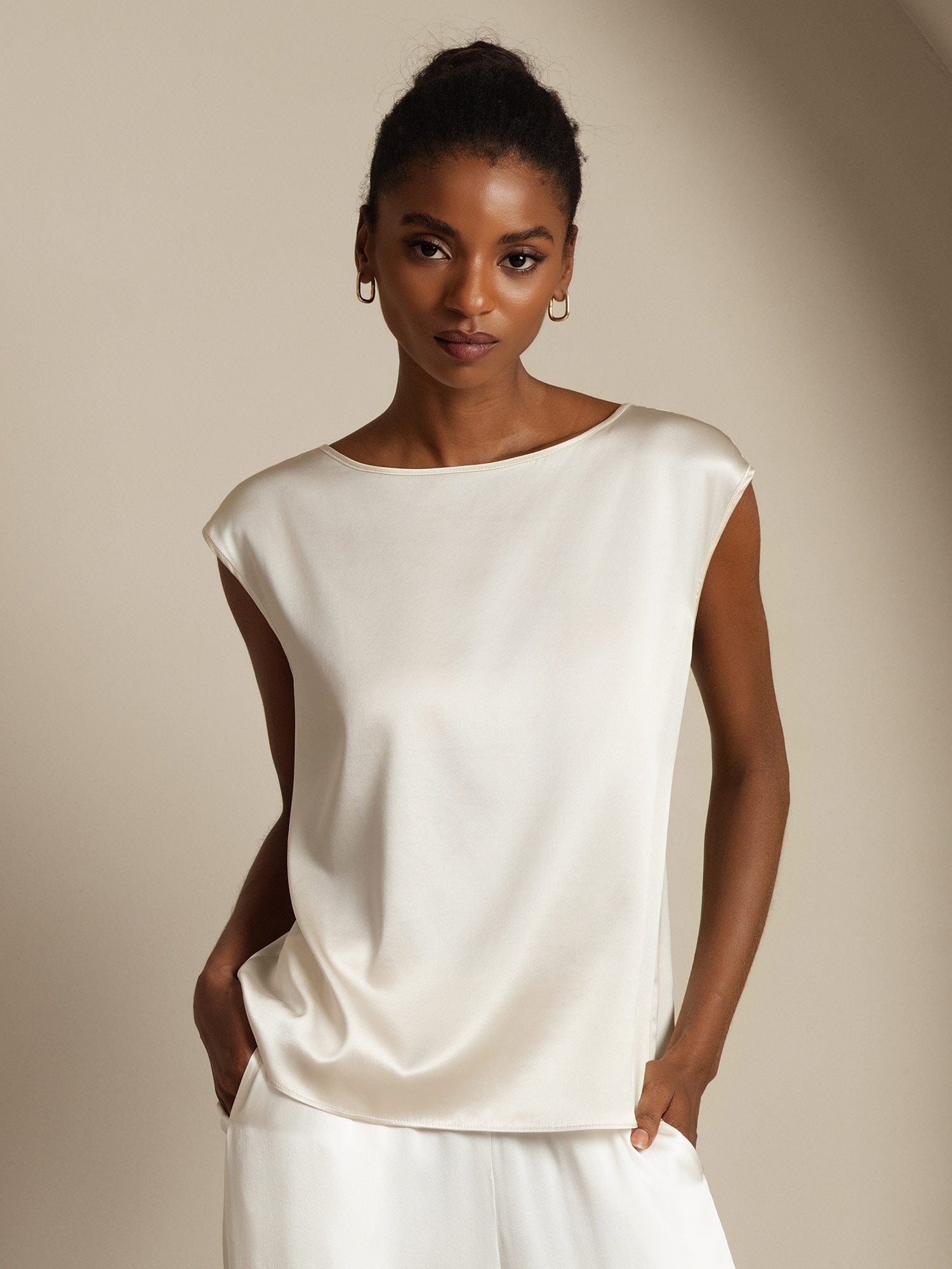 [Blanco] SilkSilky-ES Cap Sleeve Round Neck Camisetas de Mujer 001