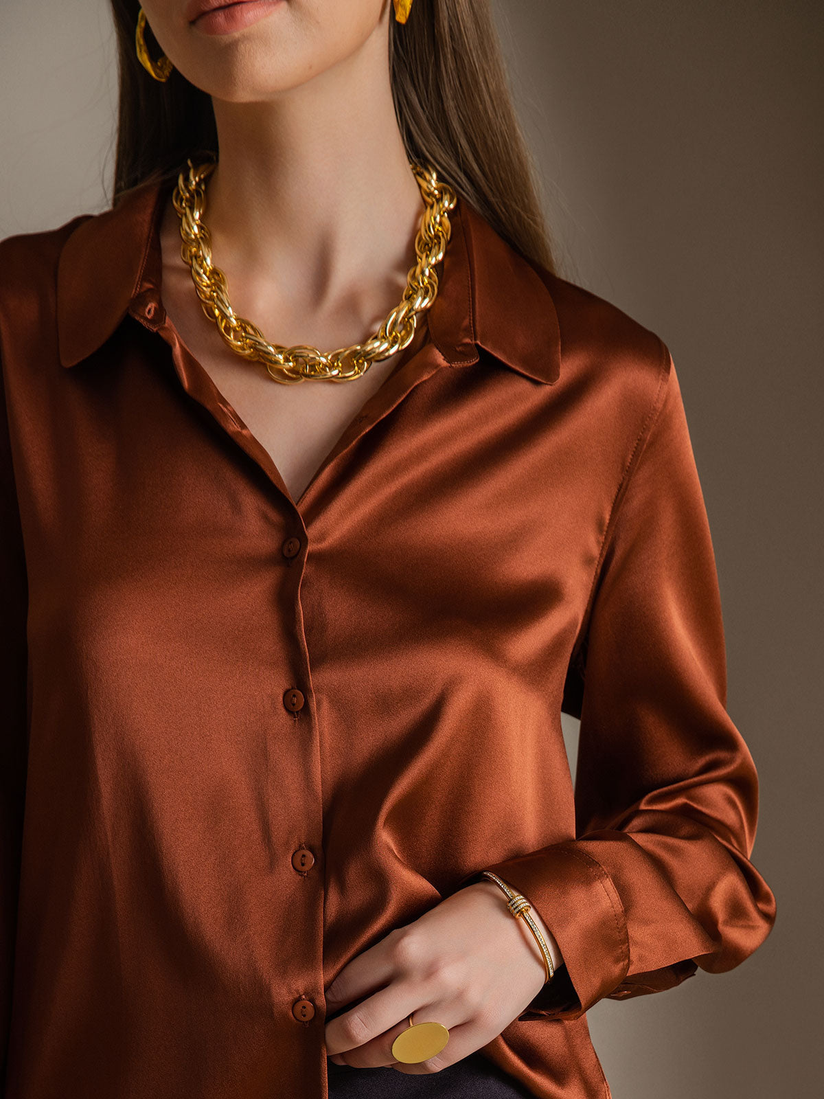 [Café] SilkSilky-ES Seda Lapel Collar Blusas de Mujer 006