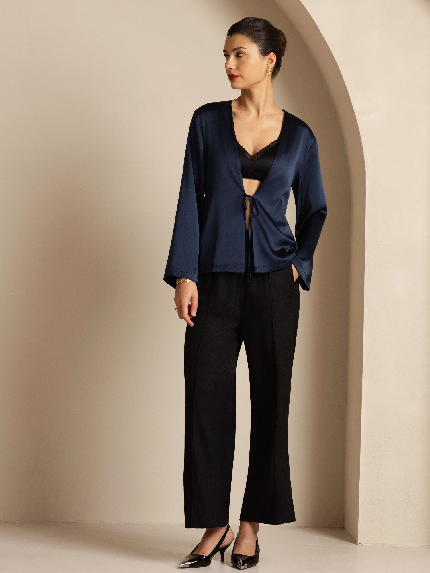 [Azul Oscuro] SilkSilky-ES 19Momme Seda Manga larga Womens Outerwear 004