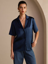 [Azul Oscuro] SilkSilky-ES Short Sleeve Lapel Collar Blusas de Mujer 001