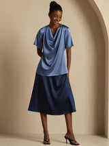 [Verde Azulado Real] SilkSilky-ES Short Sleeve Cowl Neck Blusas 006