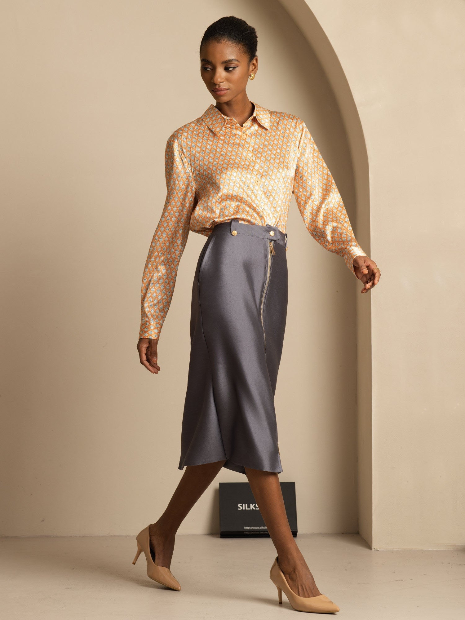 [Floral] SilkSilky-ES Seda Manga larga Cuello Camisero Blusas de Mujer 007