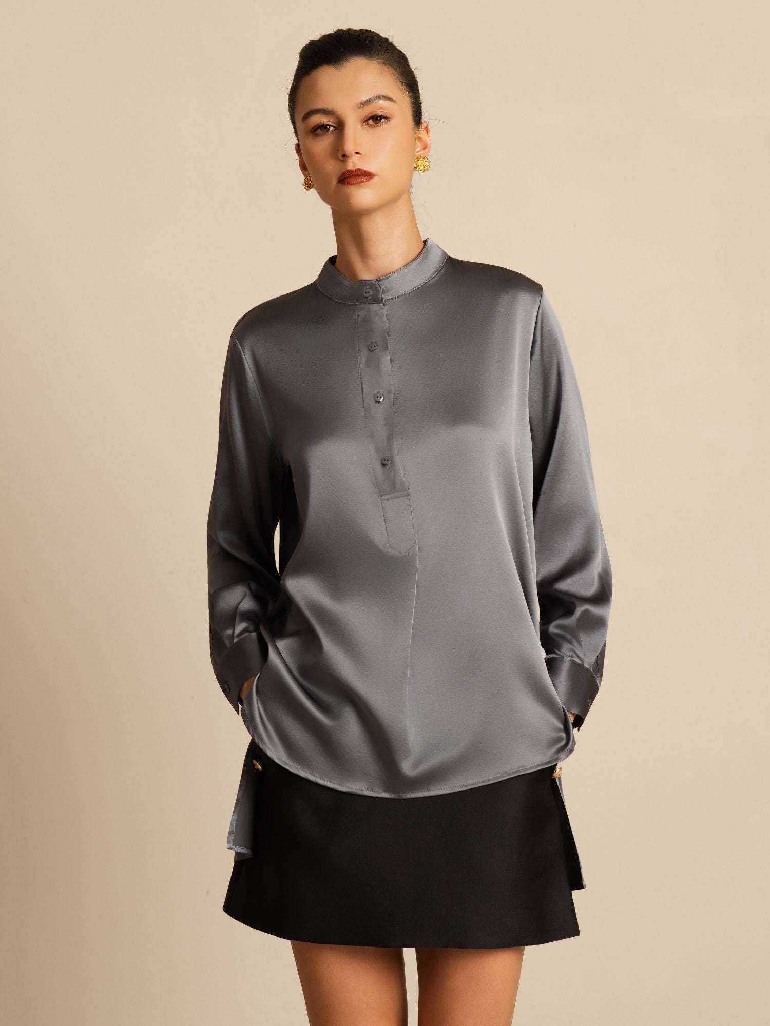 [Gris Oscuro] SilkSilky-ES 19Momme Seda Manga larga Cuello Alto Blusa 004