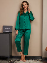 [Verde] SilkSilky-ES Long Sleeve Lapel Collar Pijamas de mujer 003