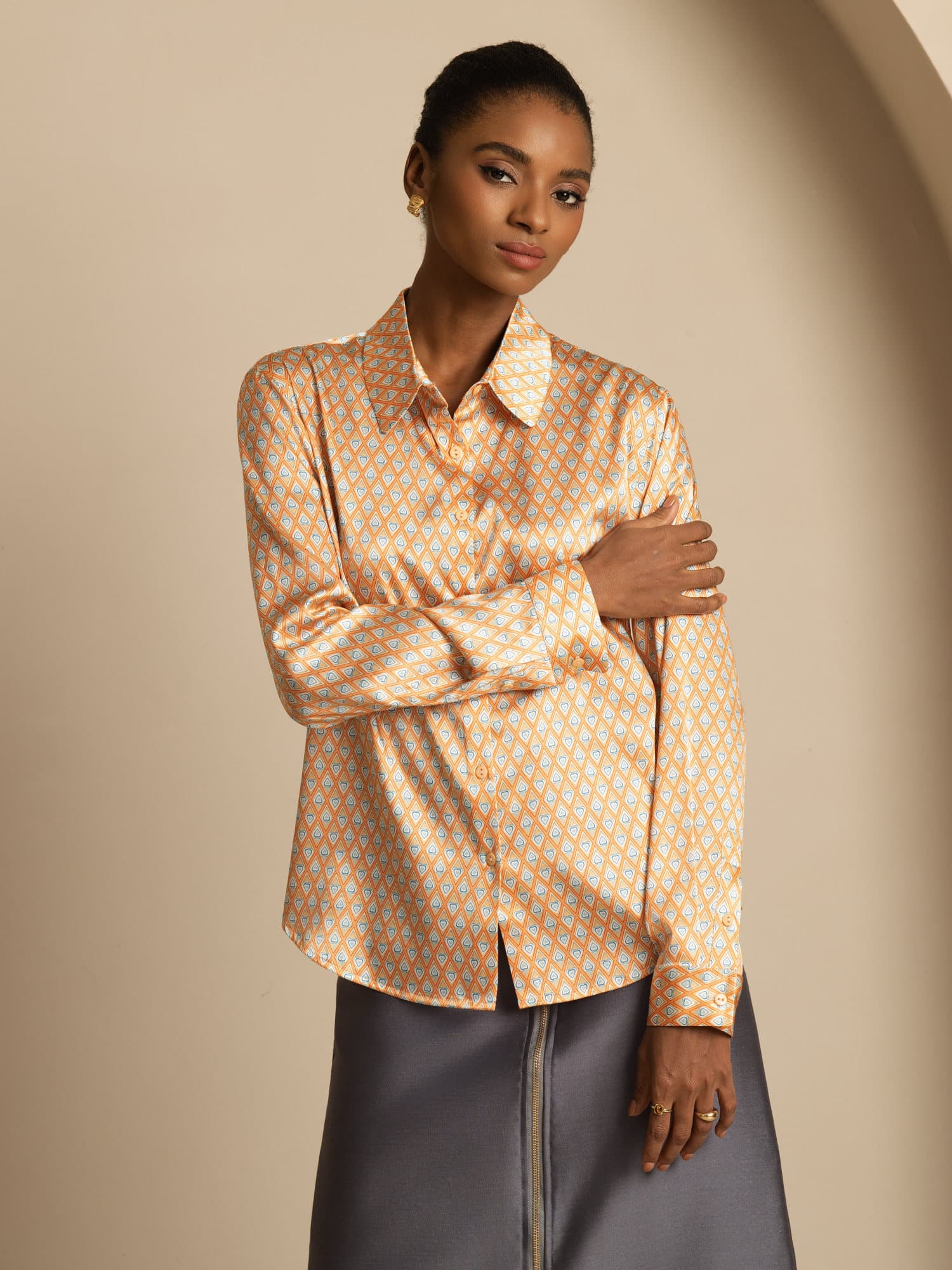 [Floral] SilkSilky-ES Seda Manga larga Cuello Camisero Blusas de Mujer 001