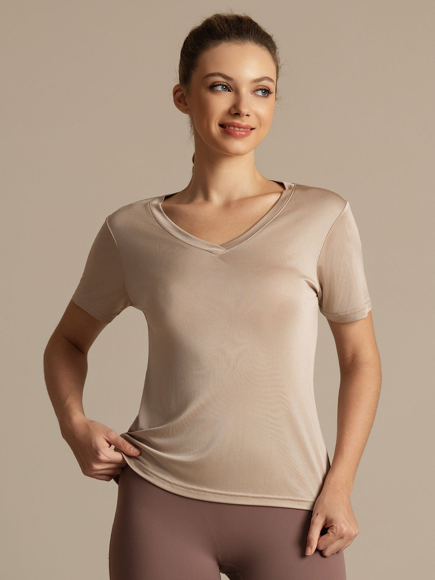 [Caqui Claro] SilkSilky-ES Manga corta Cuello en V Camisetas de Mujer 001
