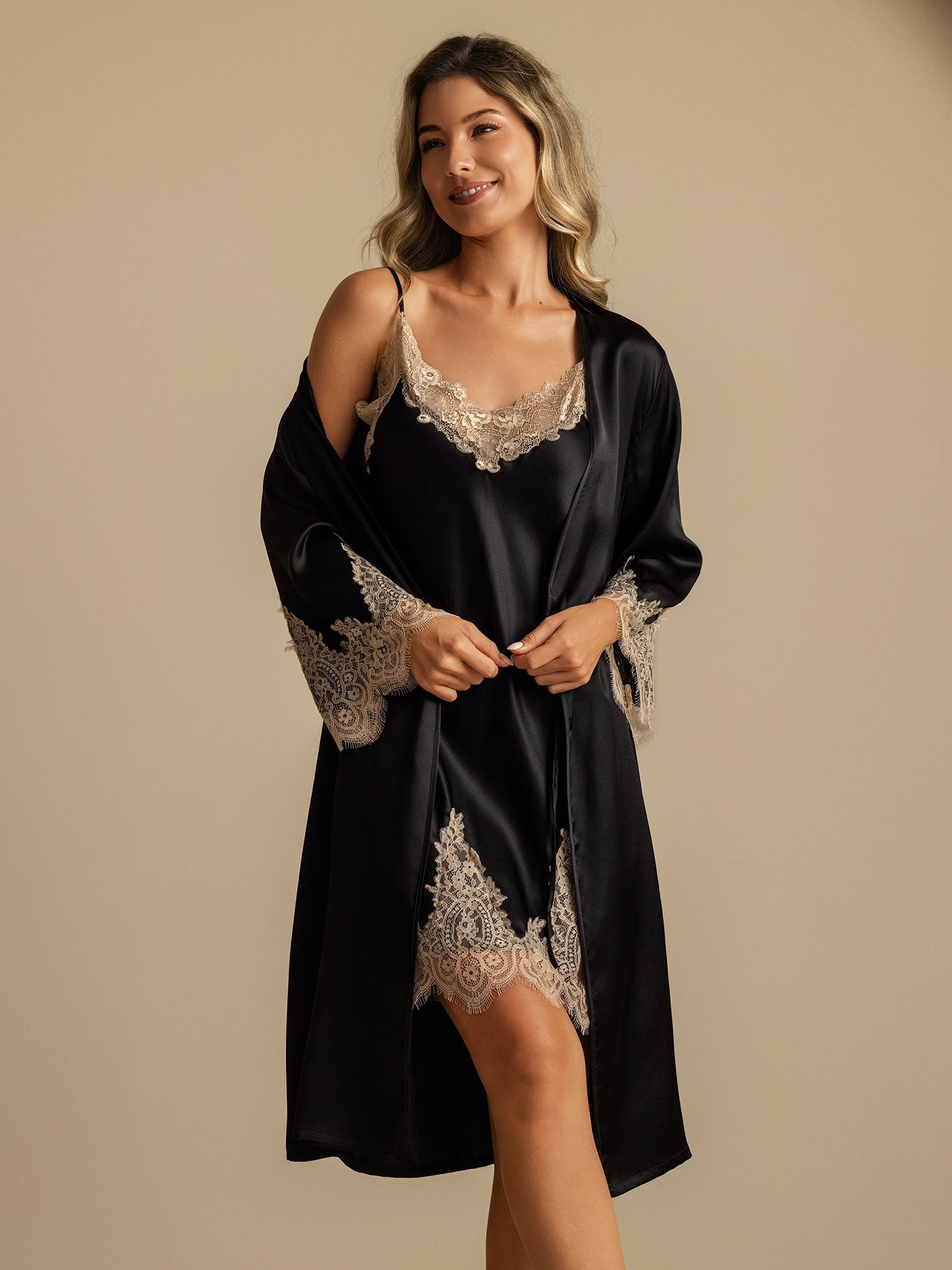 [Negro] SilkSilky-ES Seda Pura Nightgown&Robe Set 006,