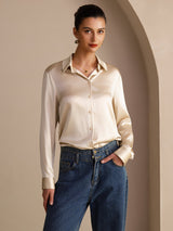 [Beige Arroz] SilkSilky-ES Long Sleeve Lapel Collar Blusas de Mujer 003