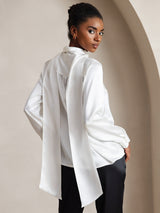 [Blanco] SilkSilky-ES Long Sleeve Tie Neck Blusa 002