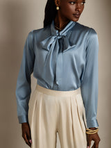 [Azul Grisáceo] SilkSilky-ES Long Sleeve Tie Neck Blusas 006