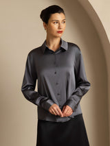 [Gris Oscuro] SilkSilky-ES Long Sleeve Lapel Collar Blusas de Mujer 007