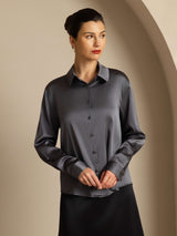 [Gris Oscuro] SilkSilky-ES 19Momme Manga larga Cuello con Solapa Blusas de Mujer 007