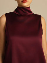 [Rojo Oscuro] SilkSilky-ES 19Momme Sin mangas Cuello Lazo Blusa 005