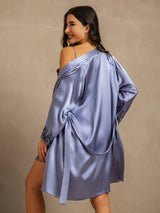 [Azul Acero] SilkSilky-ES 3/4 Sleeve V Neck Conjunto de camisón y bata 002
