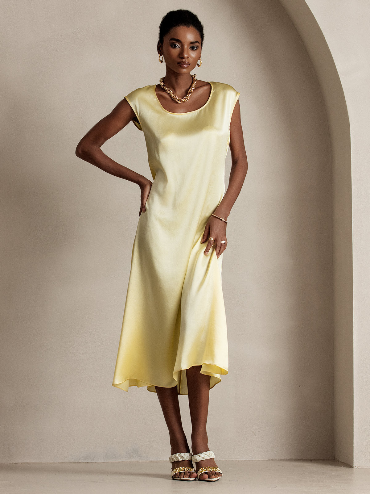 [Amarillo Claro] SilkSilky-ES 19Momme Seda Dress 003