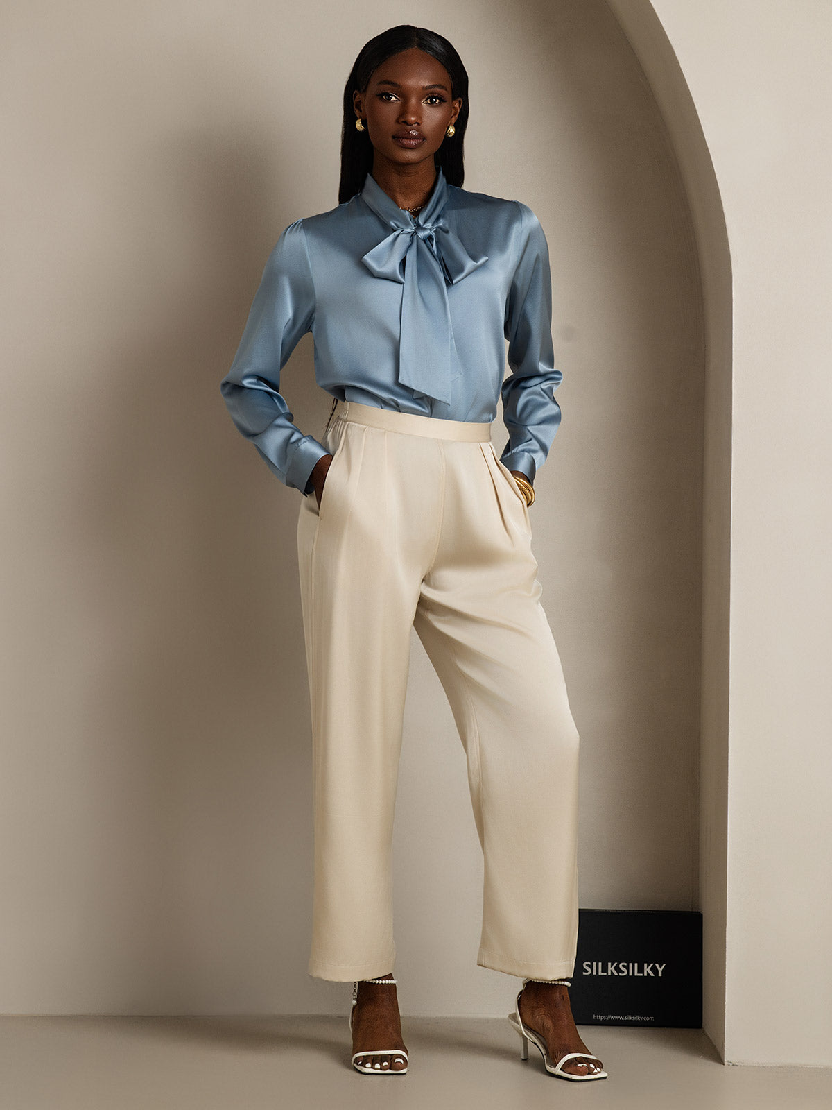 [Azul Grisáceo] SilkSilky-ES 19Momme Seda Manga larga Corbata Blusas de Mujer 007