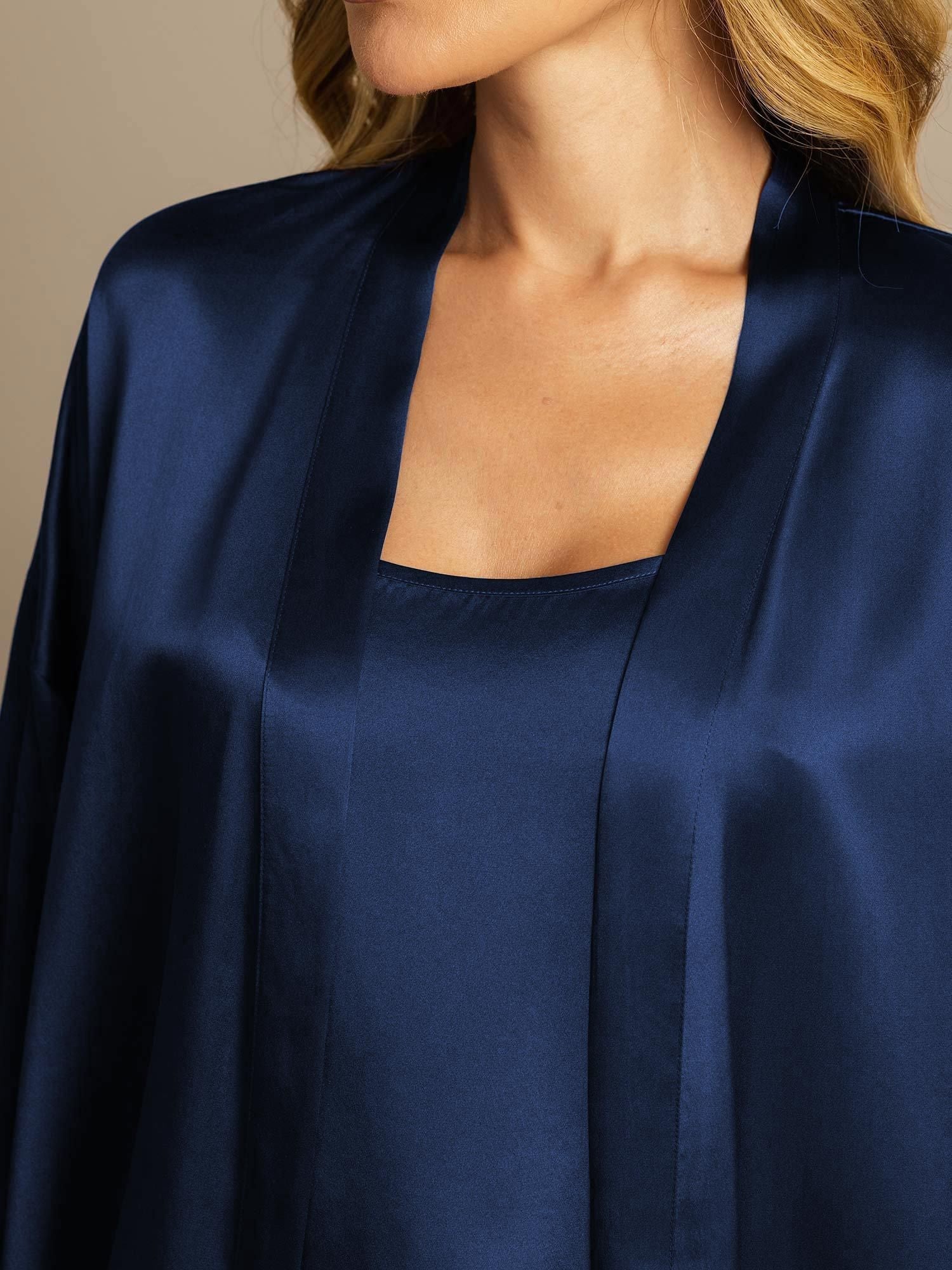 [Azul Oscuro] SilkSilky-ES Seda Pura Nightgown&Robe Set 004,