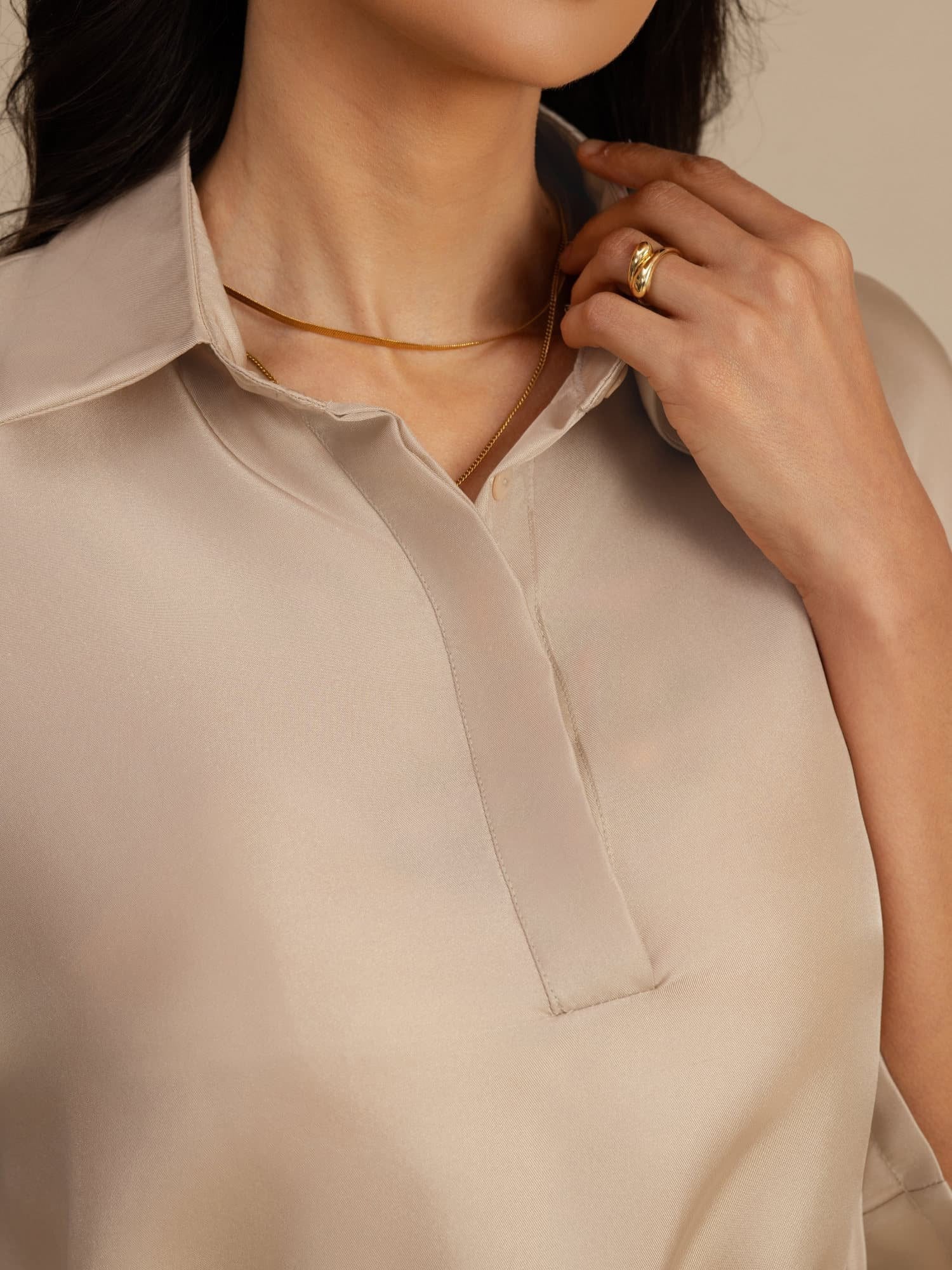 [Marrón Claro] SilkSilky-ES 18Momme A metà Cuello con Solapa Blusa 004