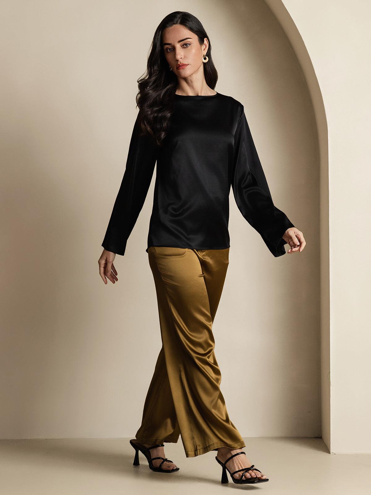 [Negro] SilkSilky-ES 19Momme Seda Manga larga Blouse 008