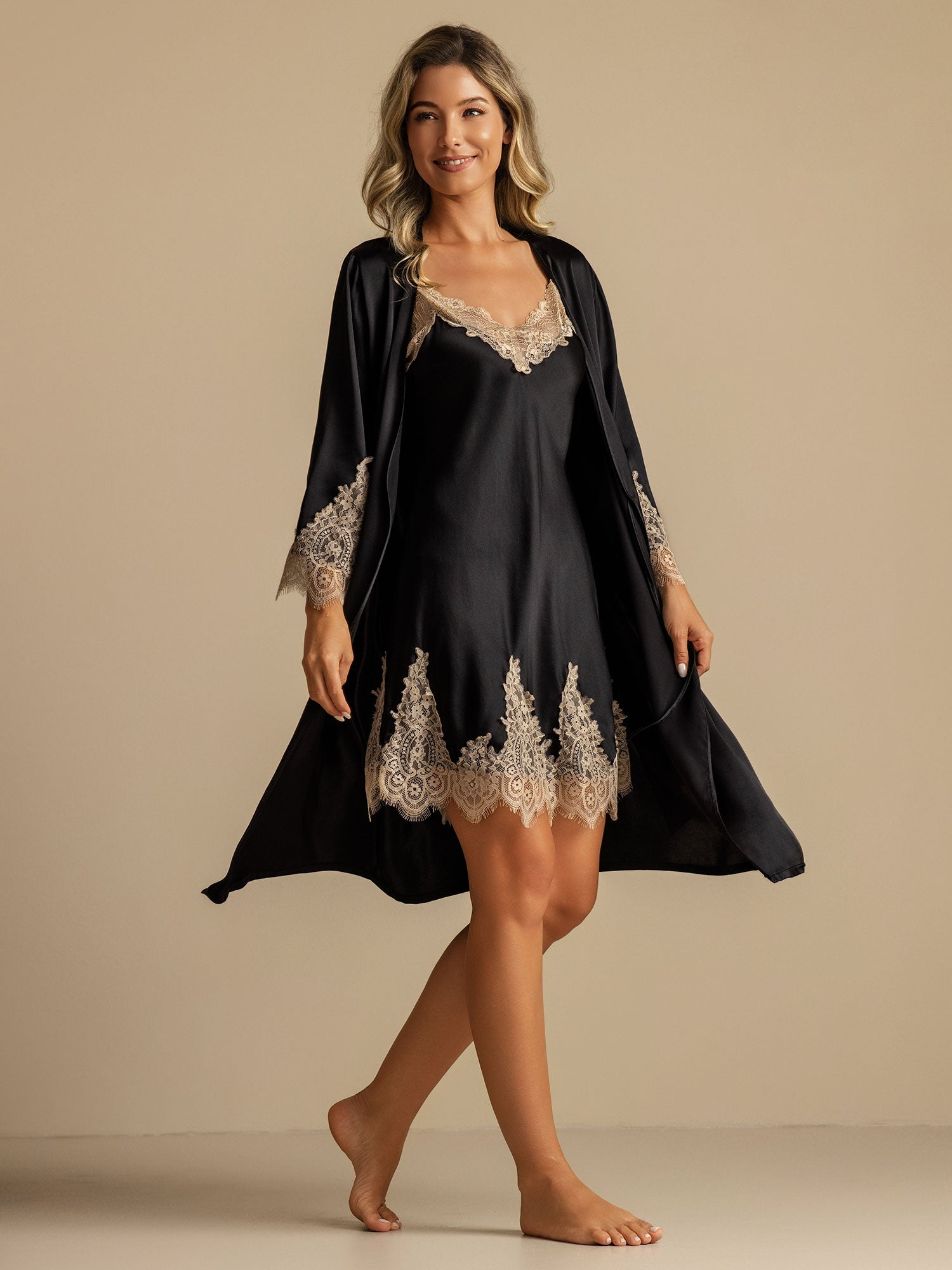 [Negro] SilkSilky-ES Seda Pura Nightgown&Robe Set 001,