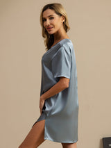 [Azul Grisáceo] SilkSilky-ES Half Sleeve V Neck Camisón 004