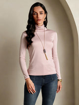 [Rosa Coral] SilkSilky-ES Manga larga Cuello de Tortuga Camisetas de Mujer 001