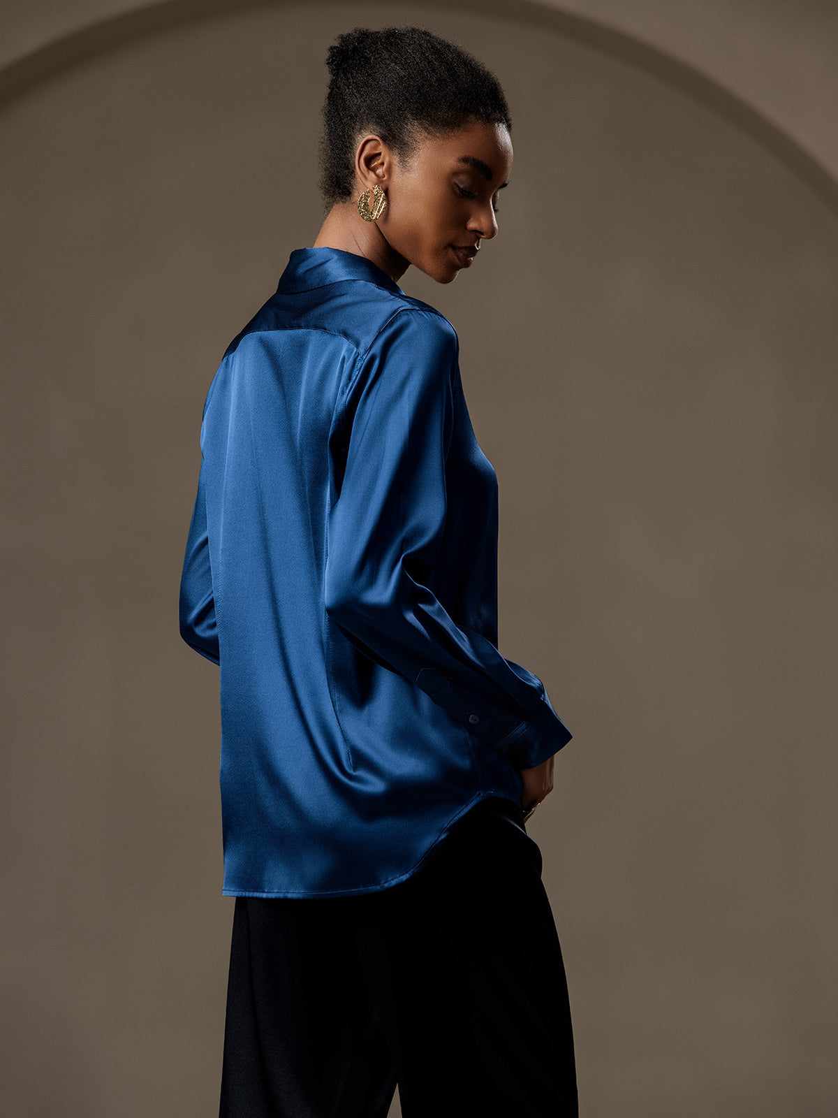 [Azul Real] SilkSilky-ES Seda Manga larga Cuello Camisero Blusas de Mujer 002