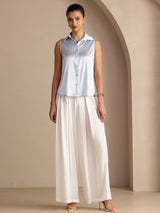 [Azul Claro] SilkSilky-ES Sleeveless Lapel Collar Blusas de Mujer 006