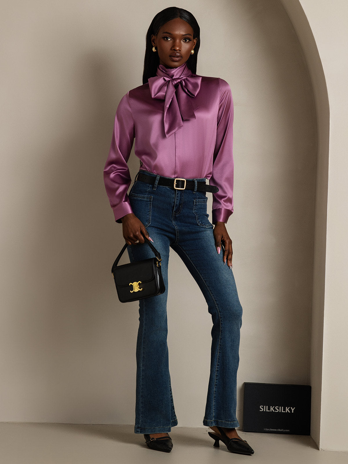 [Morado Oscuro] SilkSilky-ES 19Momme Manga larga Blusa 005