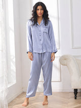[Azul Acero] SilkSilky-ES Long Sleeve Lapel Collar Pijamas de mujer 005