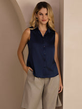 [Azul Oscuro] SilkSilky-ES Sleeveless Lapel Collar Blusas de Mujer 001