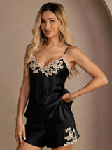 [Negro] SilkSilky-ES Spaghetti Strap V Neck Conjunto de tirantes 001