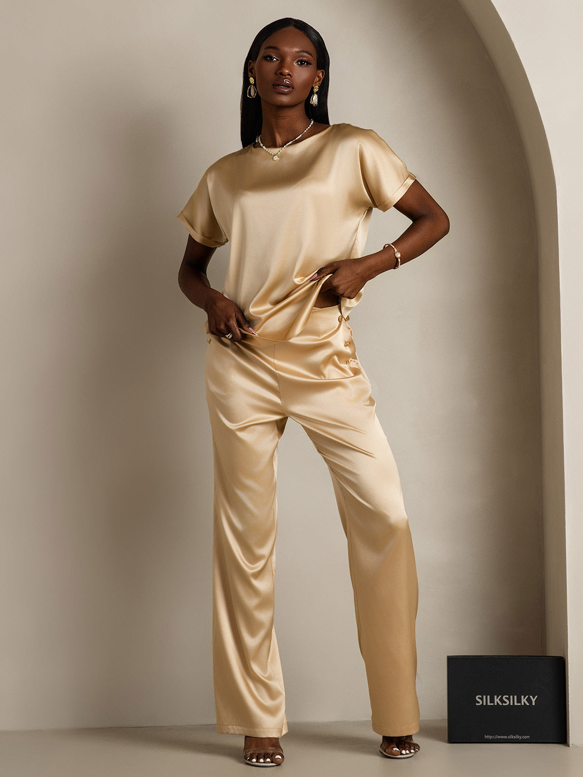 [Champán] SilkSilky-ES 19Momme Seda Womens T-Shirt 006,