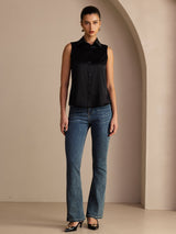 [Negro] SilkSilky-ES Sleeveless Lapel Collar Blusas de Mujer 006