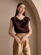 [Chocolate Negro] SilkSilky-ES Cap Sleeve Cowl Neck Camisetas de Mujer 001