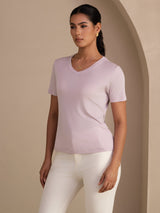 [Lavanda] SilkSilky-ES Short Sleeve V Neck Camisetas de Mujer 003