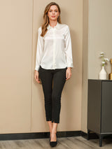 [Blanco] SilkSilky-ES 19Momme Manga larga Cuello con Solapa Blusas de Mujer 005