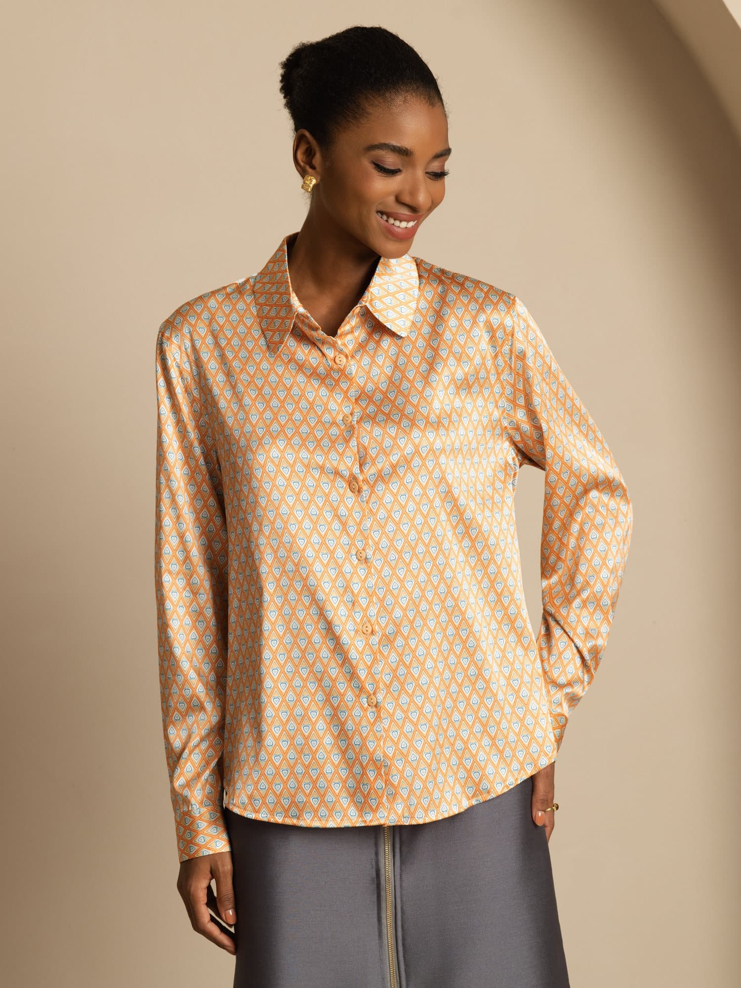 [Floral] SilkSilky-ES Seda Manga larga Cuello Camisero Blusas de Mujer 003