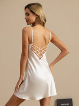 [Blanco] SilkSilky-ES Spaghetti Strap V Neck Camisón 001